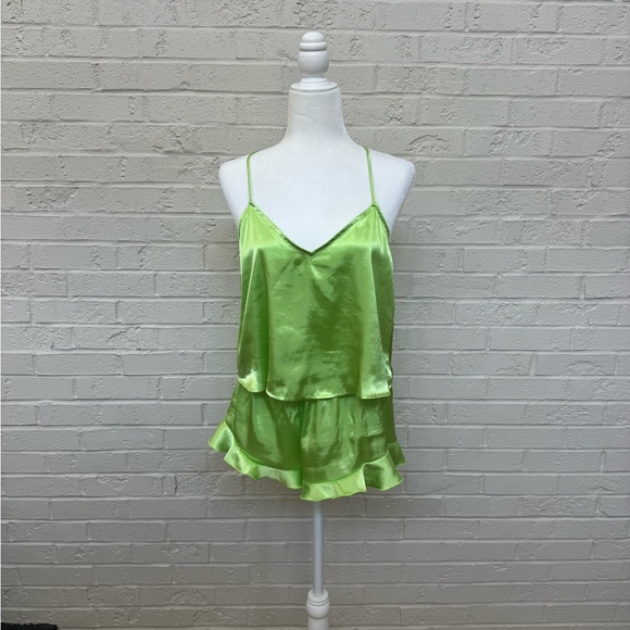 Lulu’s Sweetest Dreams Lime Green Satin Ruffled Two-Piece Pajama Set - Picture 3 of 5